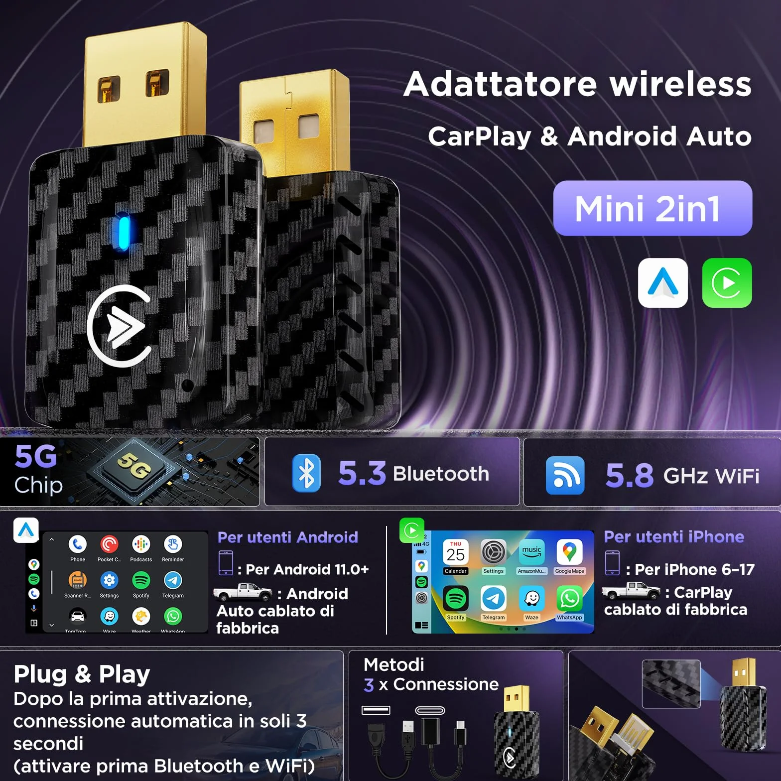 MSXTTLY Adattatore Android Auto Wireless, Carplay Wireless per iPhone 17-12 & Android 11+, Bluetooth 5.3, Dual Core WLAN 5.8GHz, Veloce e Stabile