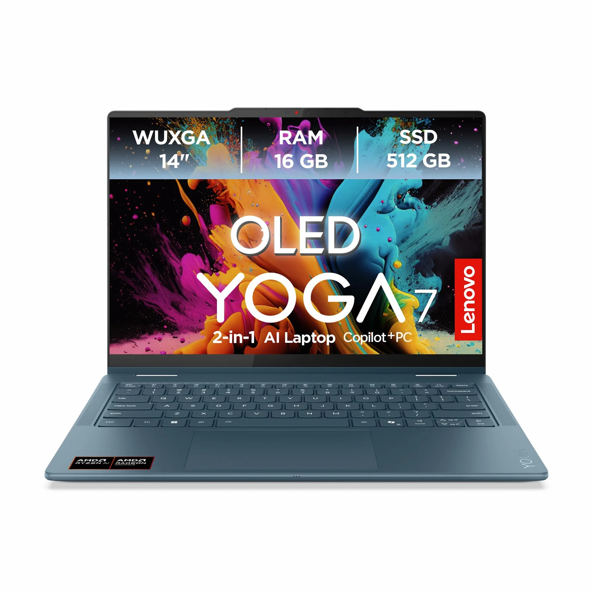 Lenovo Laptop Yoga 7 2 in 1 | Copilot+ PC | Display OLED WUXGA da 14" | AMD Ryzen AI 5 | grafica AMD Radeon | RAM da 16 GB | SSD da 512 GB | Win11 | QWERTZ | Tidal Teal | incl. penna | 3 mesi Premium