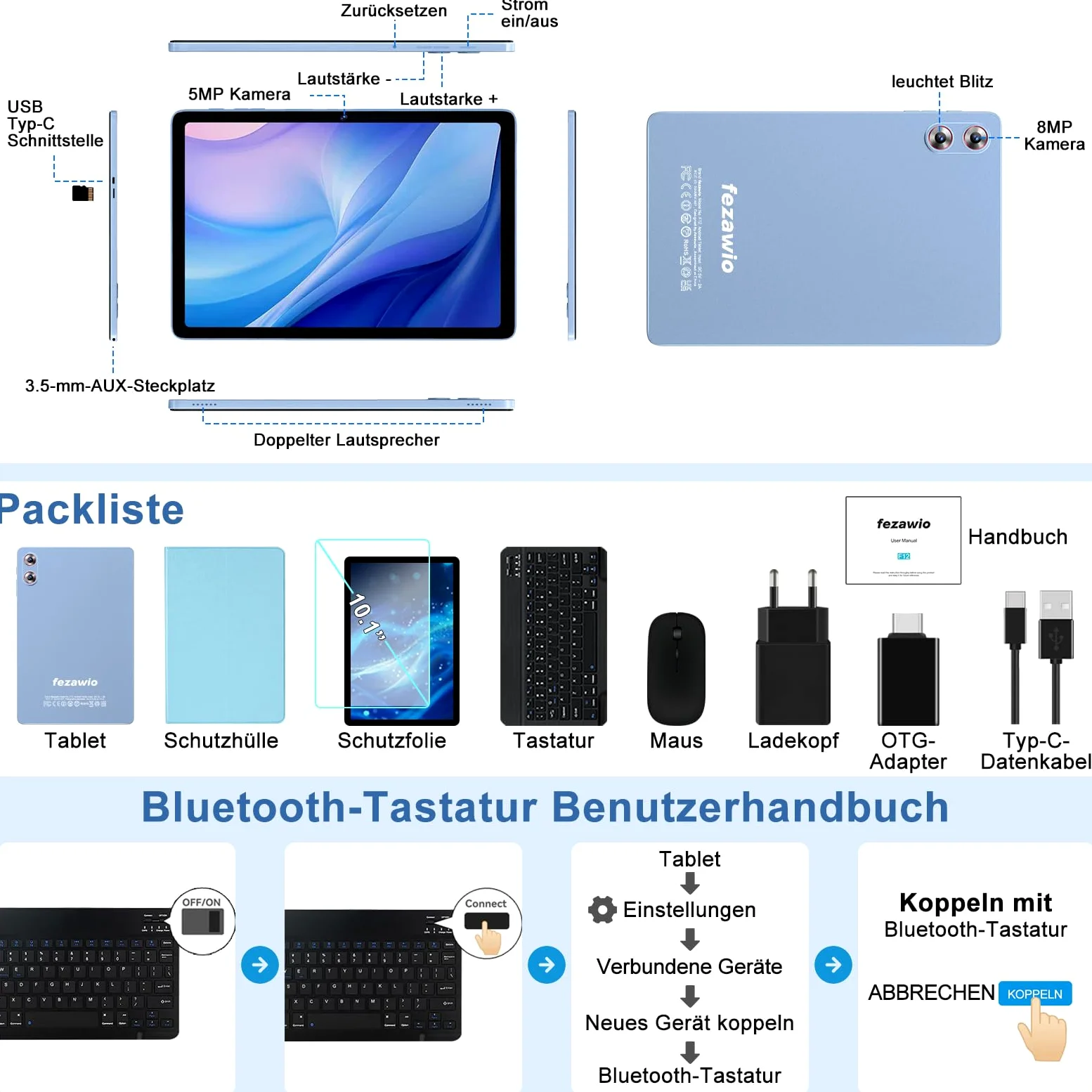 Tablet Android 15 Gemini AI 10,1 pollici,30GB RAM+128GB ROM,Widevine L1,blu | tablet con tastiera, mouse e custodia di protezione,Octa-Core, Wi-Fi 6, 8000mAh, jack audio 3,5 mm, GPS