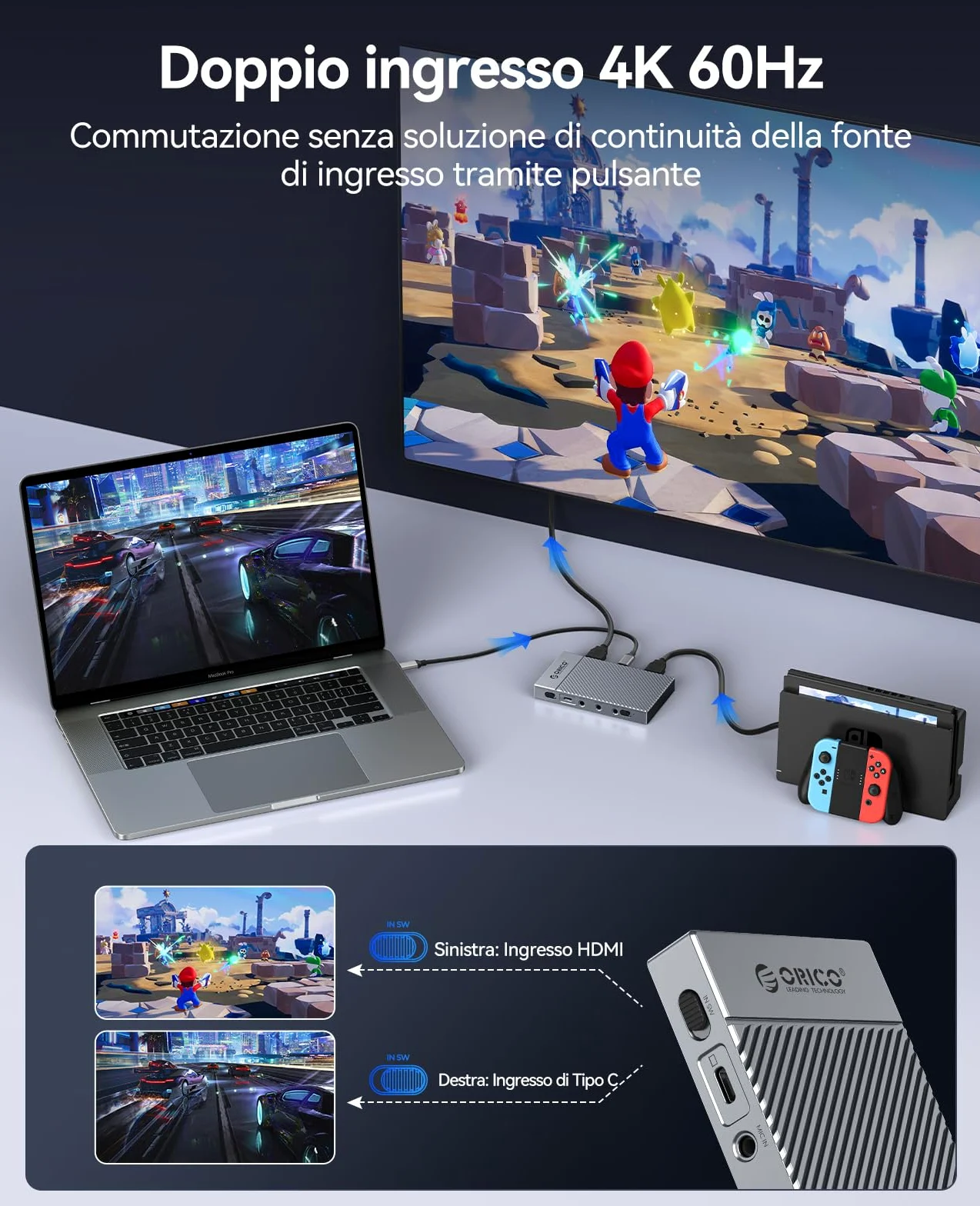 ORICO Cattura Video HDMI 4K@60Hz con Pass-Through - HDR, VRR, Bassa Latenza, Alta Velocità - Compatibile con Switch, PS5/PS4, Xbox, Windows, macOS, Linux, Android