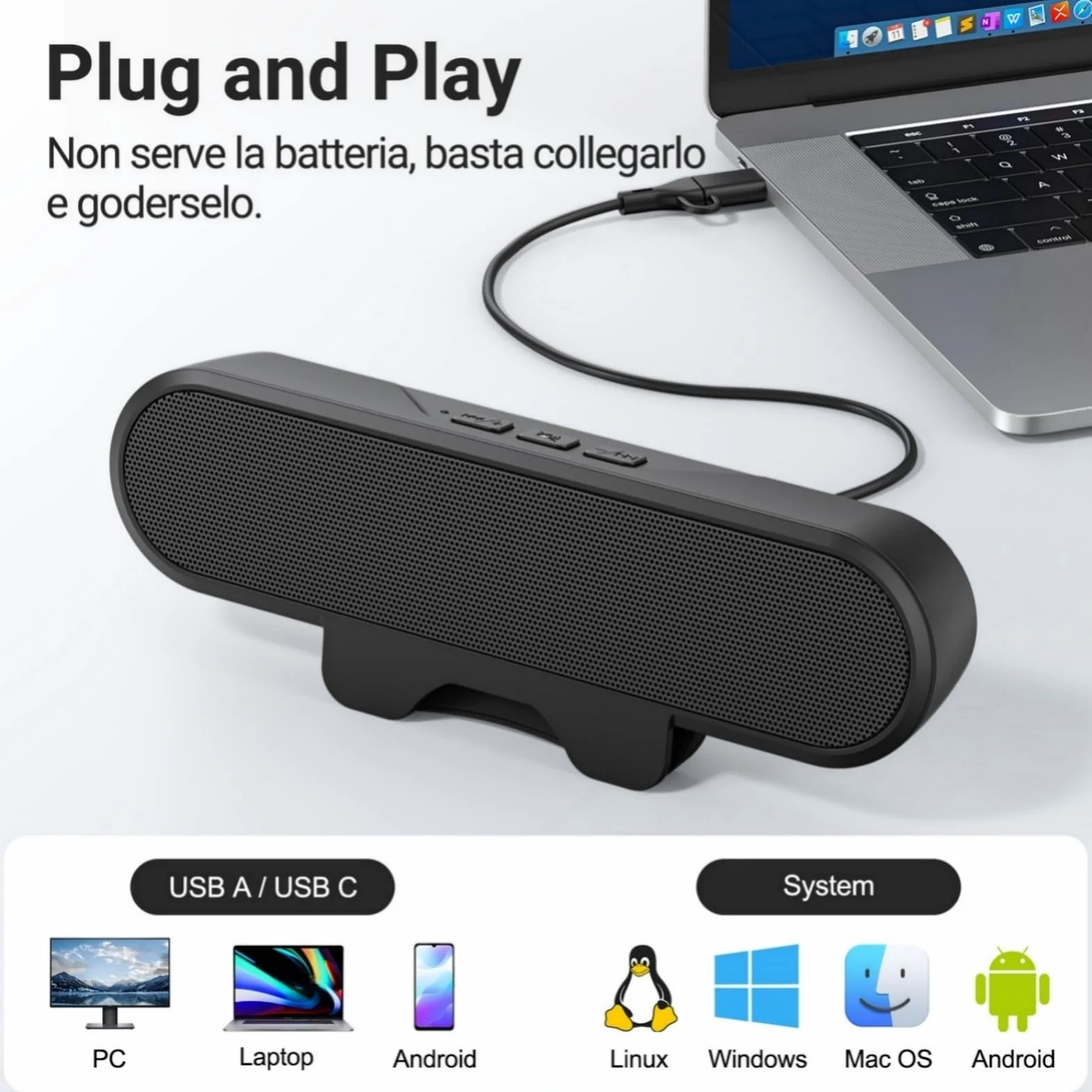 Inwa Altoparlante per PC, Monitor USB con Clip on, 10 W con Audio HD, Clip per 5-30MM Monitor, Altoparlante per PC, Laptop, Cellulare, Desktop, Outdoor, Plug and Play (Nero)