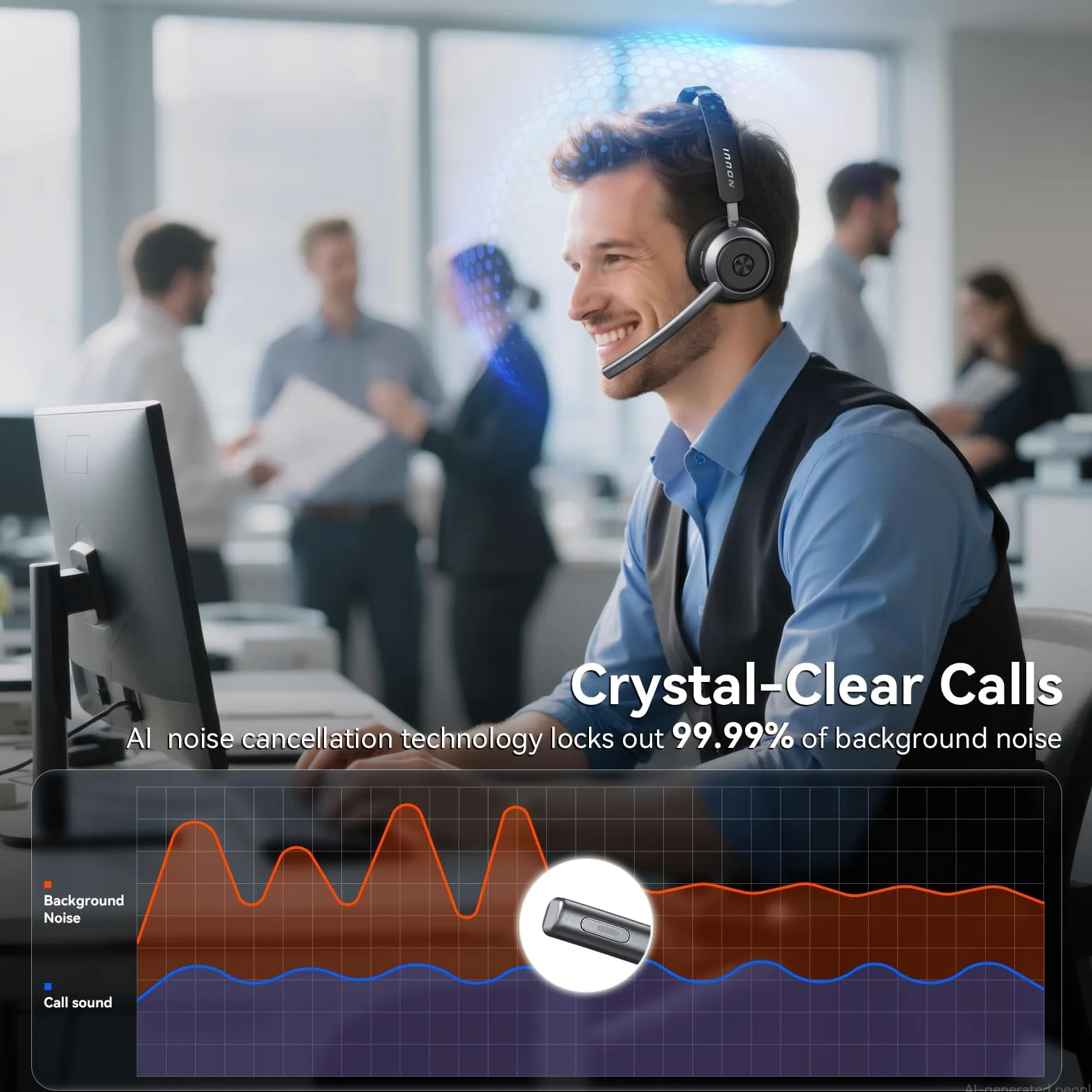 Cuffie wireless con microfono per lavoro, cuffie wireless con microfono (cancellazione del rumore e pulsante muto), batteria 65H con base di ricarica, cuffie Bluetooth con microfono per PC/Call Center