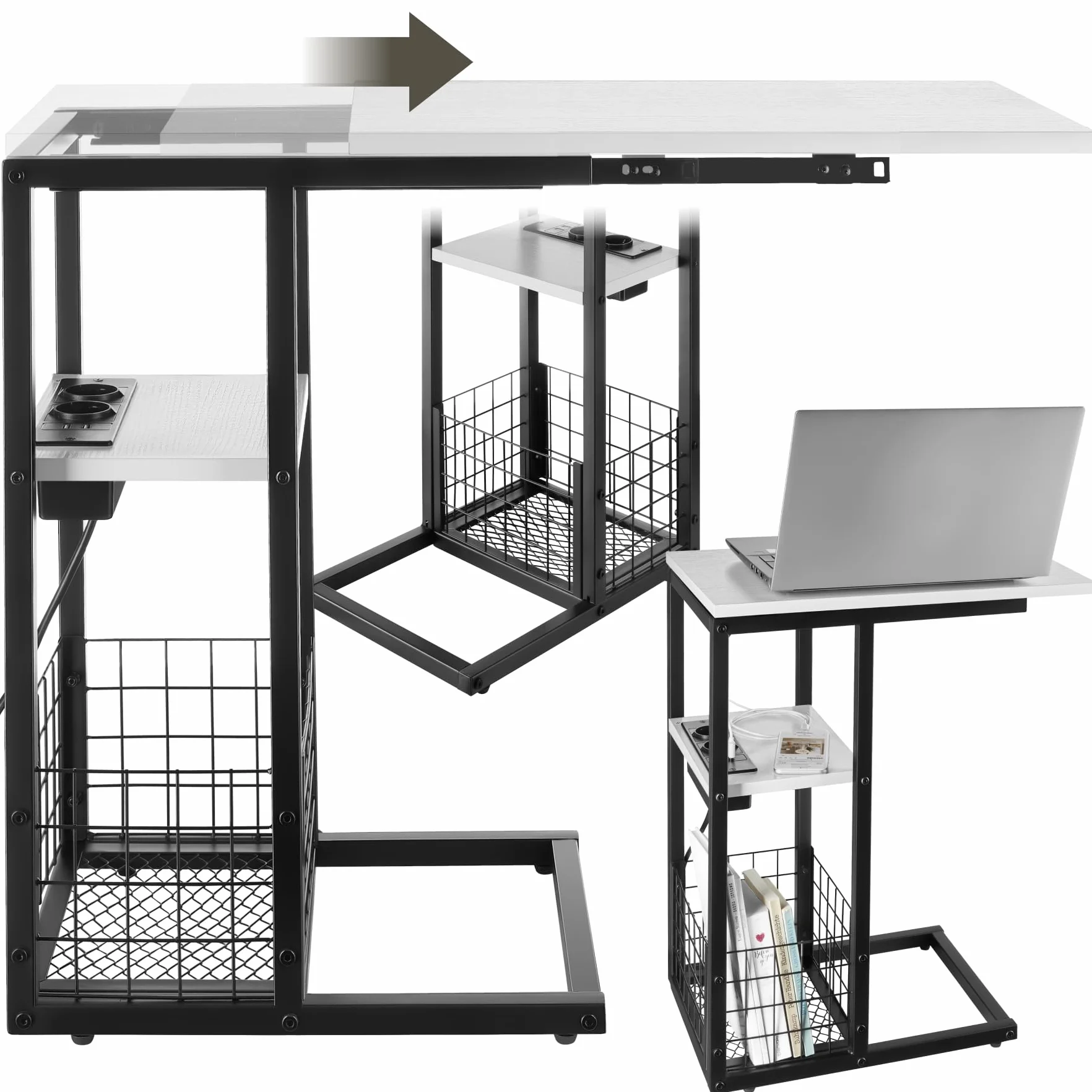 tectake® Tavolino Supporto PC Portatile con Forma a C, Tavolino da Letto con Stazione di Ricarica Integrata, Tavolino da Divano con Piano Scorrevole, Tavolo con Vassoio Portaoggetti - Bianco