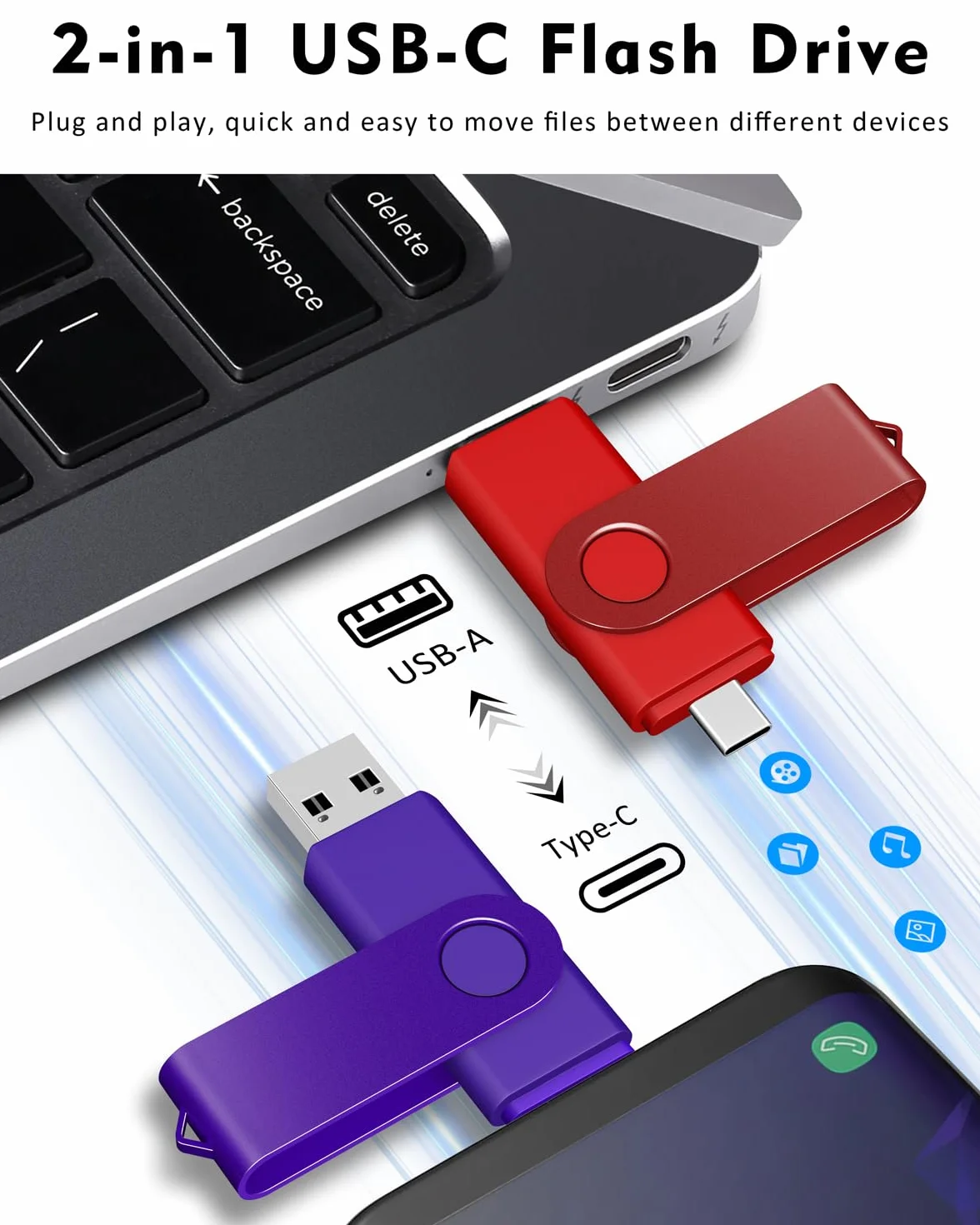 AreTop Chiavetta USB C da 64 GB, doppia chiavetta USB 2.0 da 64 GB, design girevole, 2 in 1, portatile, di tipo C, per smartphone Android, computer, MacBook, tablet, PC, confezione da 10