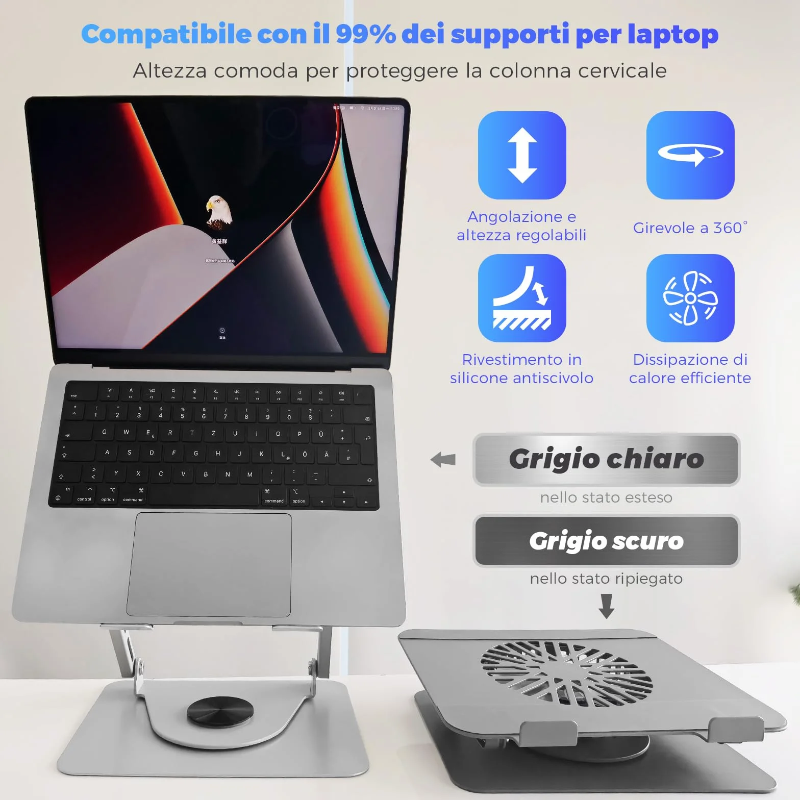 Supporto per laptop in alluminio, girevole a 360°, pieghevole, con ventola magnetica per raffreddamento, compatibile con MacBook e dispositivi da 10 a 17,3 pollici (grigio scuro)