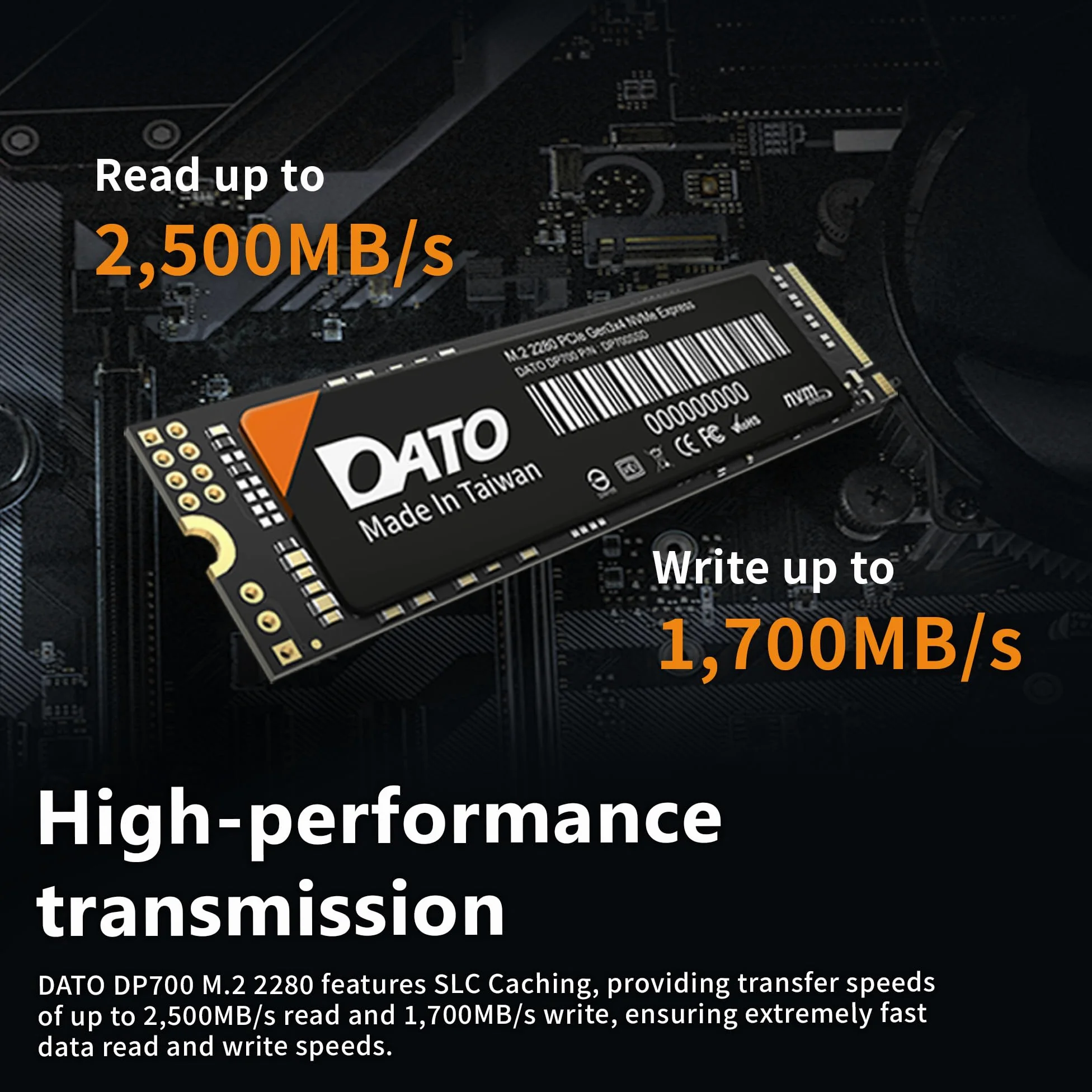 DATO Unità a stato solido interna SSD M.2 2280 PCIe Gen3x4 NVMe da 512 GB, fino a 2500/1700 MB/s, serie DP700