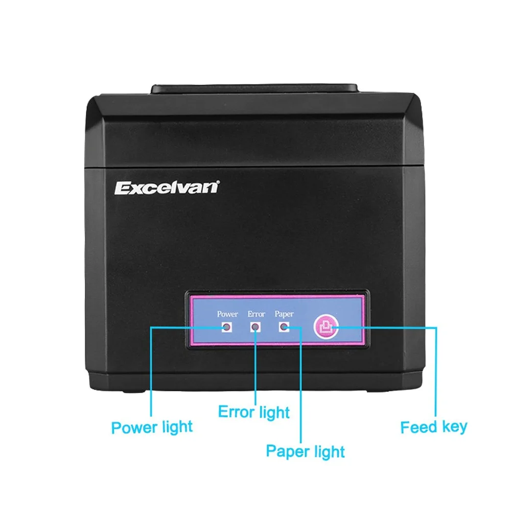 EXCELVAN - Stampante termica per ricevute 300 mm/s 80 mm, taglio automatico USB COM, Internet (100M), Ethernet, porta seriale Android e iOS, Windows e Linux, supporto nero