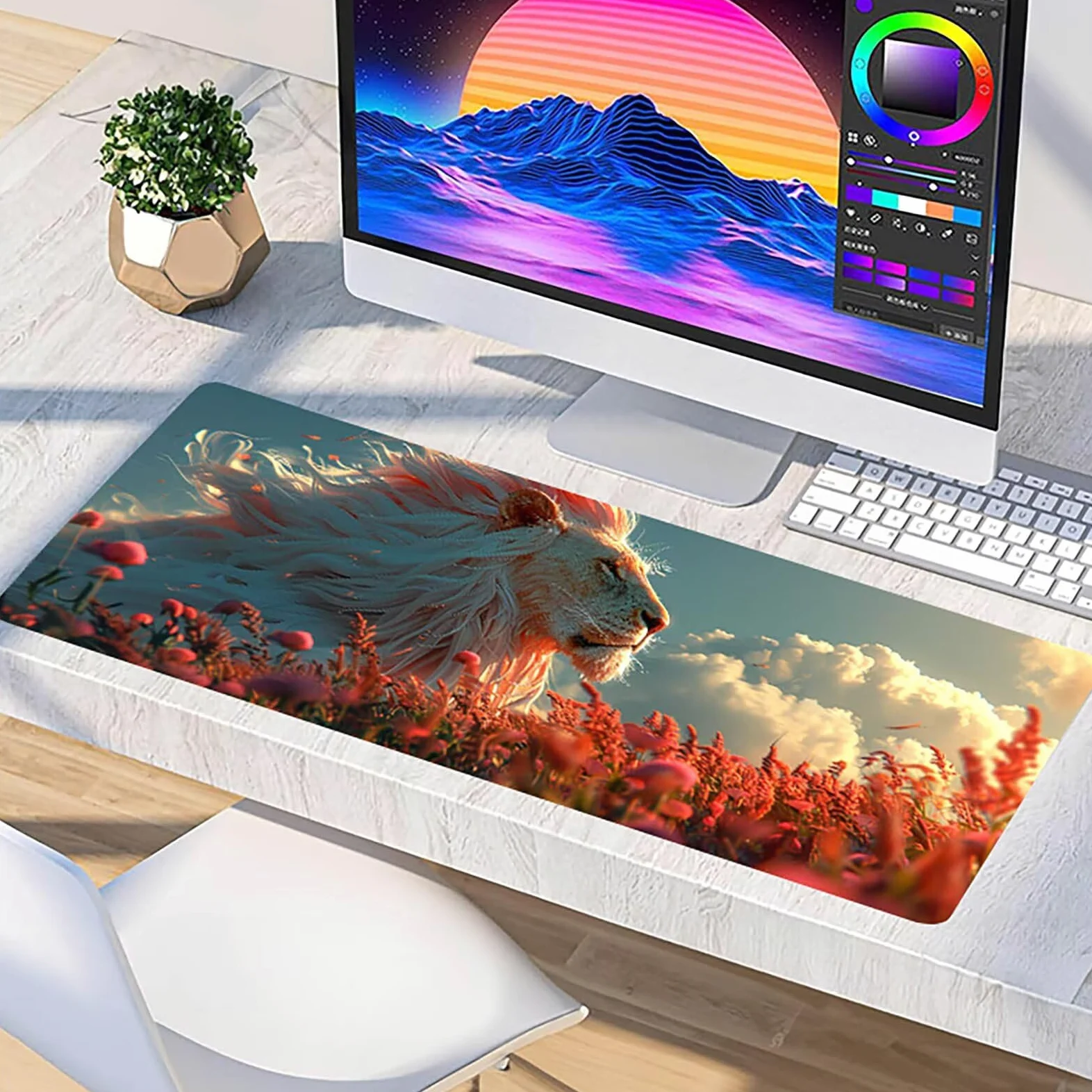 Tappetino Mouse XXL 1500 x 800 mm, Tappetino Mouse Leone, Gaming Mousepad Migliorare la Velocità e la Precisione, Mouse Pad con Base in Gomma Antiscivolo, Ufficio Accessori Gaming, Bianco 9-9250